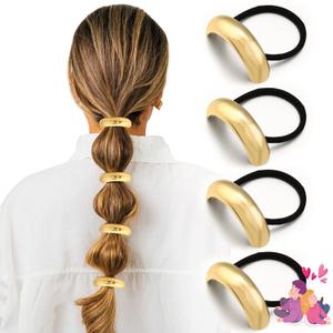 4PCS Gold Hair Ties, Metal Hair Ties for Thick Hair, Elegant Durable Round Geometric Design Hair Cuffs, Gold Hair Accessories Stretchy Non-Damage Ponytail Holders (Gold Set 04)