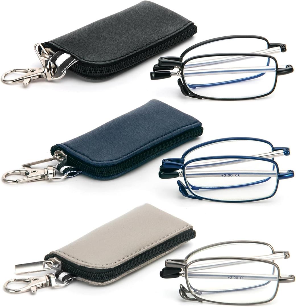 REAVEE 3 Pack Folding Reading Glasses with Keychain Compact Bags Women Men Blue Light Blocking Spring Hinge Portable Pocket Readers,Black Grey and Blue 0.0