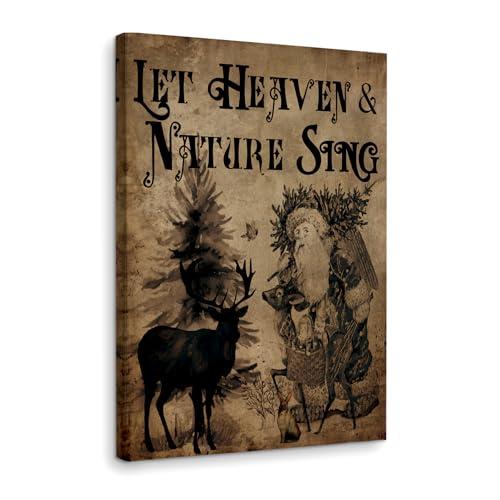 WODMIS Christmas Wall Decor, Christmas Signs Religious Framed Canvas Wall Art, Woodland Santa, vintage christmas, Farmhouse Christmas Decor For Home Kitchen, Let Heaven And Nature Sing Wall Decor 16x24