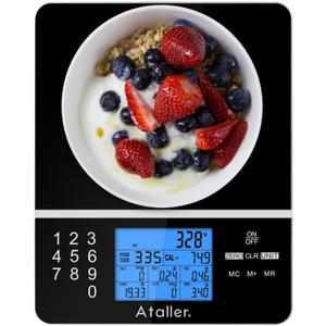 Ataller Food Scale with Nutritional Calculator, Kitchen Diet Scale, Digital Food Calorie Counting Scale for Meal Prep, Kitchen, Baking, Weight Loss, Resolution 1g, Max 5kg 11Ib, Tempered Glass, Black
