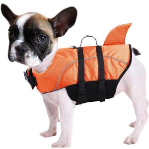 Queenmore Ripstop Dog Life Jacket Shark Life Vest for Dogs, Safety Lifesaver with High Buoyancy and Lift Handle for Small and Medium Breeds, Orange, Size: L
