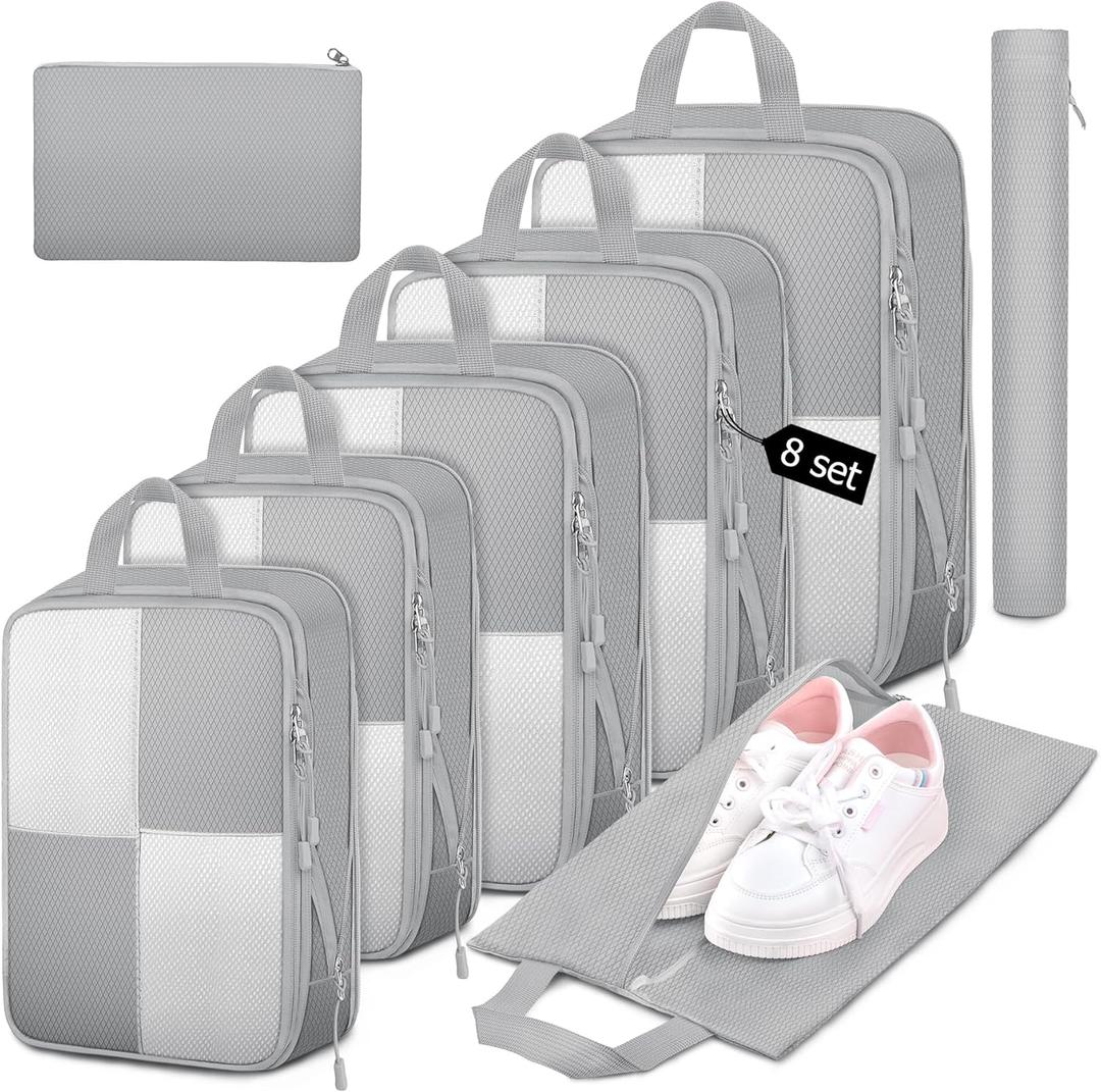 8 Set Compression Packing Cubes for Travel, Expandable Waterproof Travel Organizer, Lightweight Luggage Organizer with Shoes & Laundry Bags, Travel Accessories for Men Women, Grey