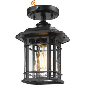 Emliviar Dusk to Dawn Industrial Semi Flush Mount Ceiling Light, 1-Light Outdoor Ceiling Light Fixture with Seeded Glass, Black Finish, 2084F-PC BK, 10.9 Inch