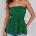PRETTYGARDEN Women's Boho Tube Tops 2025 Summer Strapless Off Shoulder Eyelet Smocked Peplum Trendy Going Out Bandeau Top (Green, S)