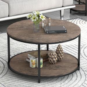 NSdirect Round Coffee Table, 27.5" Small Coffee Table for Living Room,2-Tier Rustic Wood Desktop with Storage Shelf Modern Design Home Furniture(Light Walnut) (27.6 in)