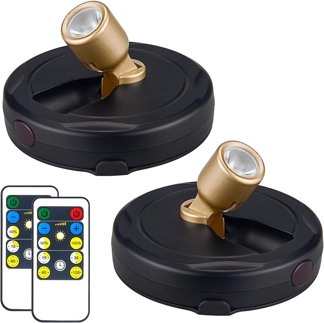 Wireless LED Spotlight, Battery Powered Picture Lights, Uplighting Indoor, Puck Lights with Remote, Stick Spot Light for Wall Art Display Dartboard Painting Artwork Accent Closet-Gold (2 Pack)