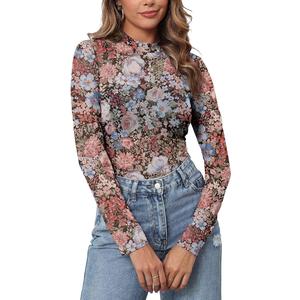 Womens Mesh Floral Long Sleeve Tops Lace Undershirt Mock Neck Going Out Sheer Blouses 2025 Trendy
 M