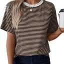 LilyCoco Women's Short Sleeve Striped Shirt Summer Crewneck T Shirt Basic Tops (Medium, Colorblock Bown)
