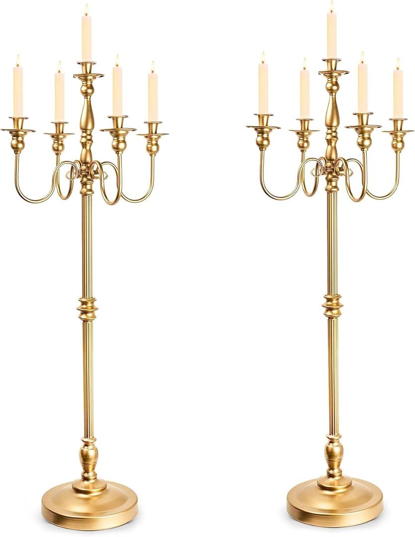 Gold Candelabra for Wedding Event Decor, 50'' Tall Floor Candle Holders, 2 Pcs Metal 5 Arm Centerpiece Decorations for 5 Candlesticks Party Wedding Aisle Home Decor