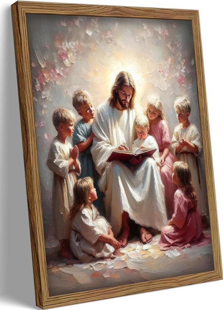 Jesus With Children Wall Art Jesus Teaching Kids print painting poster Christian Kids Room Canvas Wall Decor Picture for Living Room Bedroom Prayer Room Ready To Hang Wooden Framed