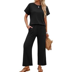 Sampeel Two Piece Sets for Women Cruise Travel Vacation Summer Outfits Lounge Matching Sets Women Clothing Wide Leg Pants Set (Black, M)