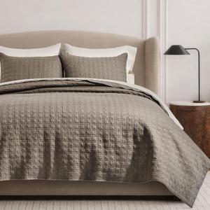 EVERGRACEHOME Cotton Sateen Windowpane Quilt Set Queen Size, Mocha Brown, Full/Queen