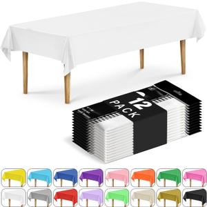 DecorRack 12 Rectangular Tablecloths BPA-Free Plastic, 54 x 108 inch, Dining Table Cloth, Rectangle Table Cover for Parties, Picnic, Camping and Outdoor, Disposable or Reusable, White (12 Pack)