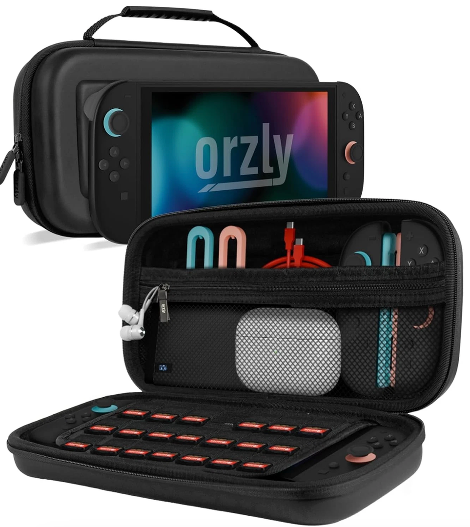Orzly Case Compatible with Nintendo Switch 2 Protective Travel Carry Case with Screen Padding, Game Card & MicroSD Slots, Zipped & Open Pockets for Accessories 7.9" Gift Boxed (Black)