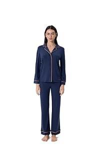 Storytellers; Women's Long Sleeve Pajama Set Classic Button-Down Style (US, Alpha, Medium, Regular, Regular, Navy)