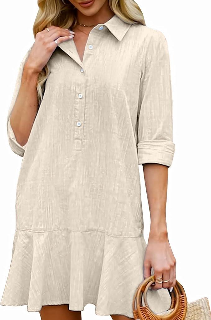 Womens Tunic Shirt Mini Dress Long Sleeve Cotton Short Dress Button Up Ruffle Hem Shift Dresses (Medium,)
