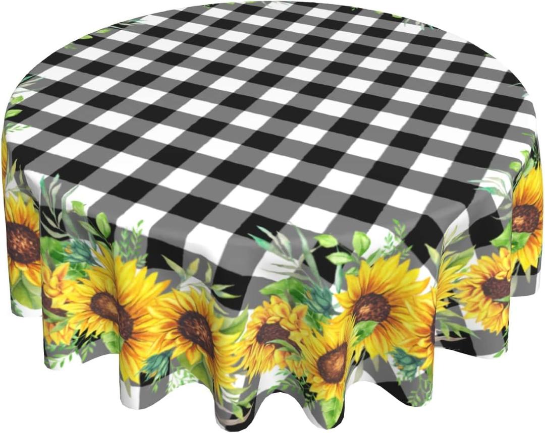 Sunflower Tablecloth Round 60 Inch Fabric Black White Buffalo Check Plaid Table Cloth Washable Spillproof Wrinkle Free Spring Summer Farmhouse Floral Table Cover for Indoor Outdoor Kitchen Dinning