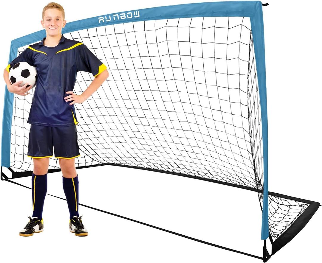 RUNBOW 9x5 FT Kids Soccer Goal with Carry Bag, Portable Folding Soccer Net for Backyard Training, Indoor/Outdoor Use for Youth and Adults (Grey Blue)