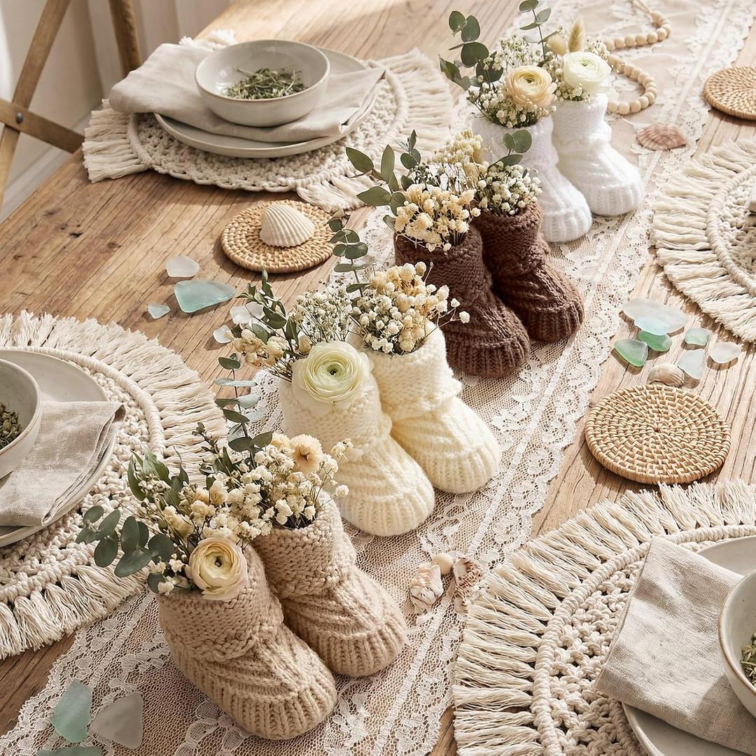 Tranqun 4 Sets Baby Shower Booties Centerpiece Knitted Booties to Fill with Flowers DIY Boho Rustic Table Decor for Flower Craft Baby Shower Gender Reveal Party Centerpiece Decor (Classic,Brown)