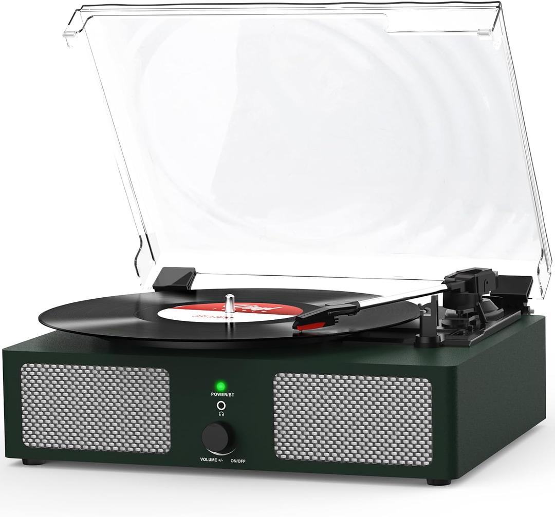 Vinyl Record Player with Built-in Speakers and USB,Belt-Driven Bluetooth Turntable with 3 Speed AUX Input Headphone Jack and RCA Output Vintage Wooden DarkGreen