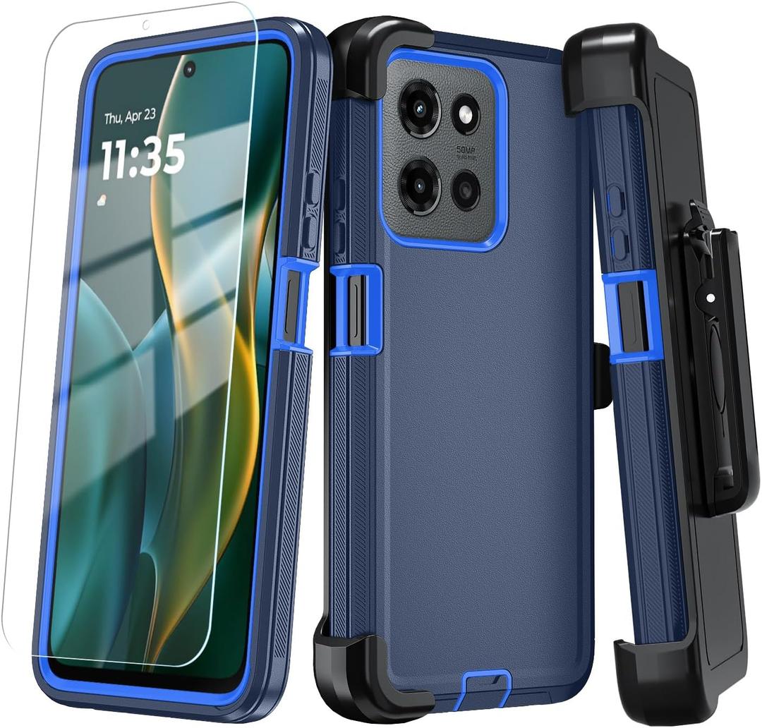 Qinmay Phone Case for Motorola Moto G 2025/Moto G Play 5G 2025 Case with HD Screen Protector, Heavy Duty Shockproof & Dropproof 3-Layer Cover Phone Case, BeltClip, Dark Blue