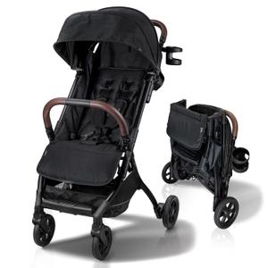 Strolee Lightweight Baby & Toddler Stroller, Ultra Compact, Airplane-Friendly Travel Stroller, One-Handed Fold, Near Flat Recline, X-L Canopy & Parent Cup Holder -LinQ (v2 Midnight Black)