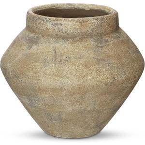 Briful Large Rustic Ceramic Vase with Distressed Finish, 8.2'' Tall Wide-Belly Decorative Flower Vases with Felt Pads, Retro Style Pottery for Home Decor, Table Centerpiece, Yellow Brown