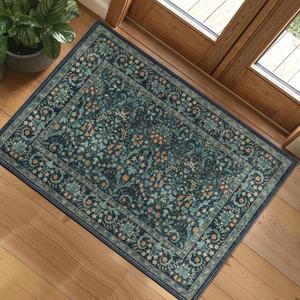 Woaboy Washable Entry Rug 2x3 Front Door Throw Rugs Vintage Floral for Entryway Kitchen Bathroom Door Mat Indoor EntranceNon-Slip Low Pile Stain Resistant Soft Dark Green/Navy/Black