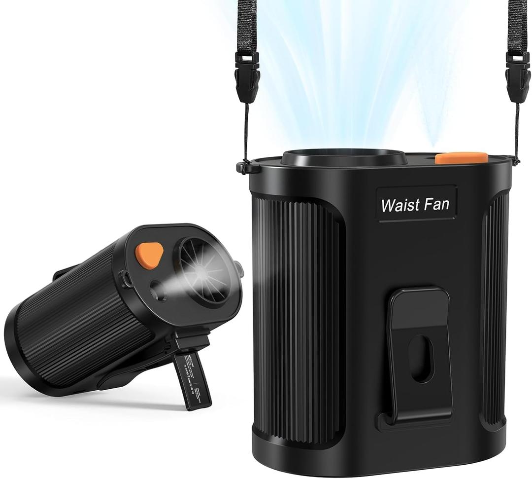 Portable Waist Fan with Mist, Waist Fan Clip on Wearable Belt, 14800RPM 5 Speeds Strong Airflow, 2 Mist Modes, 18Hrs Fast Cooling, Rechargeable 5-in-1 neck Fan for Outdoor Hiking Camping Jobsite