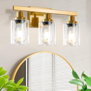 3 Light Gold Bathroom Light Fixtures, Bathroom Vanity Light Over Mirror, Gold Wall Sconce Vanity Lighting with Clear Glass Shade,Modern Farmhouse Bath Wall Lamp for Mirror Kitchen