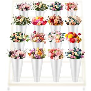16 Pcs Plastic Flower Buckets Bulk 14.5 Inch H 8.7 Inch W Wake up Flower Display Buckets Tall Vase for Indoor Outdoor Home Wedding Display Florist Supplies(White)