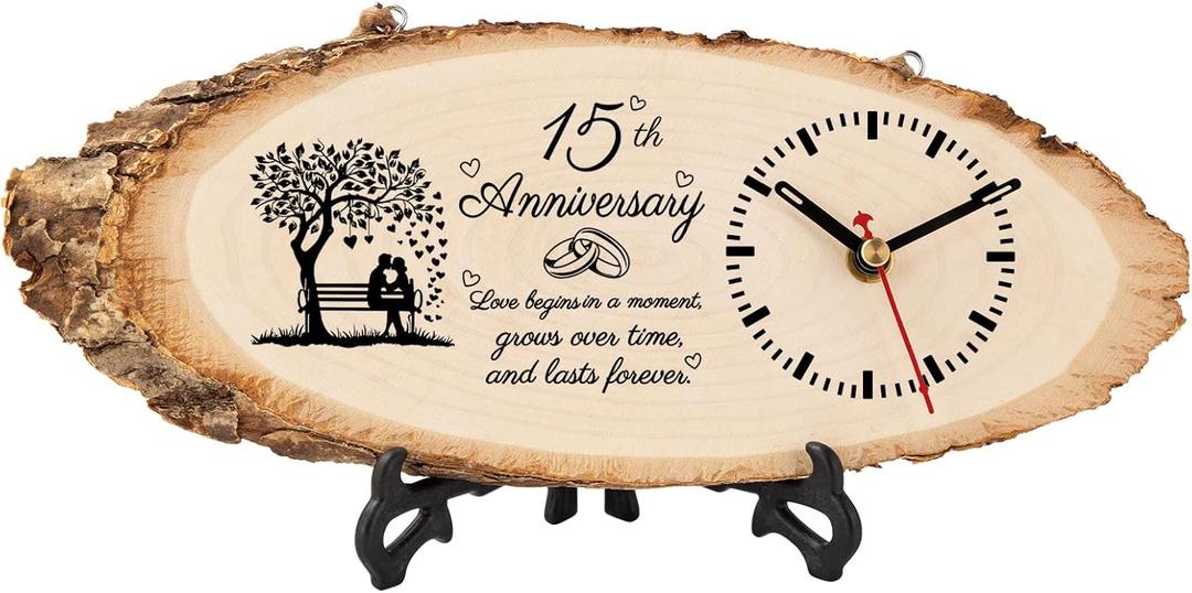 BeauGift 15 Year Anniversary Wood Gifts for Him Her, 15th Wedding Anniversary Couple Gifts for Husband Wife, 15 Years Anniversary Keepsake Gift Ideas Wooden Clock