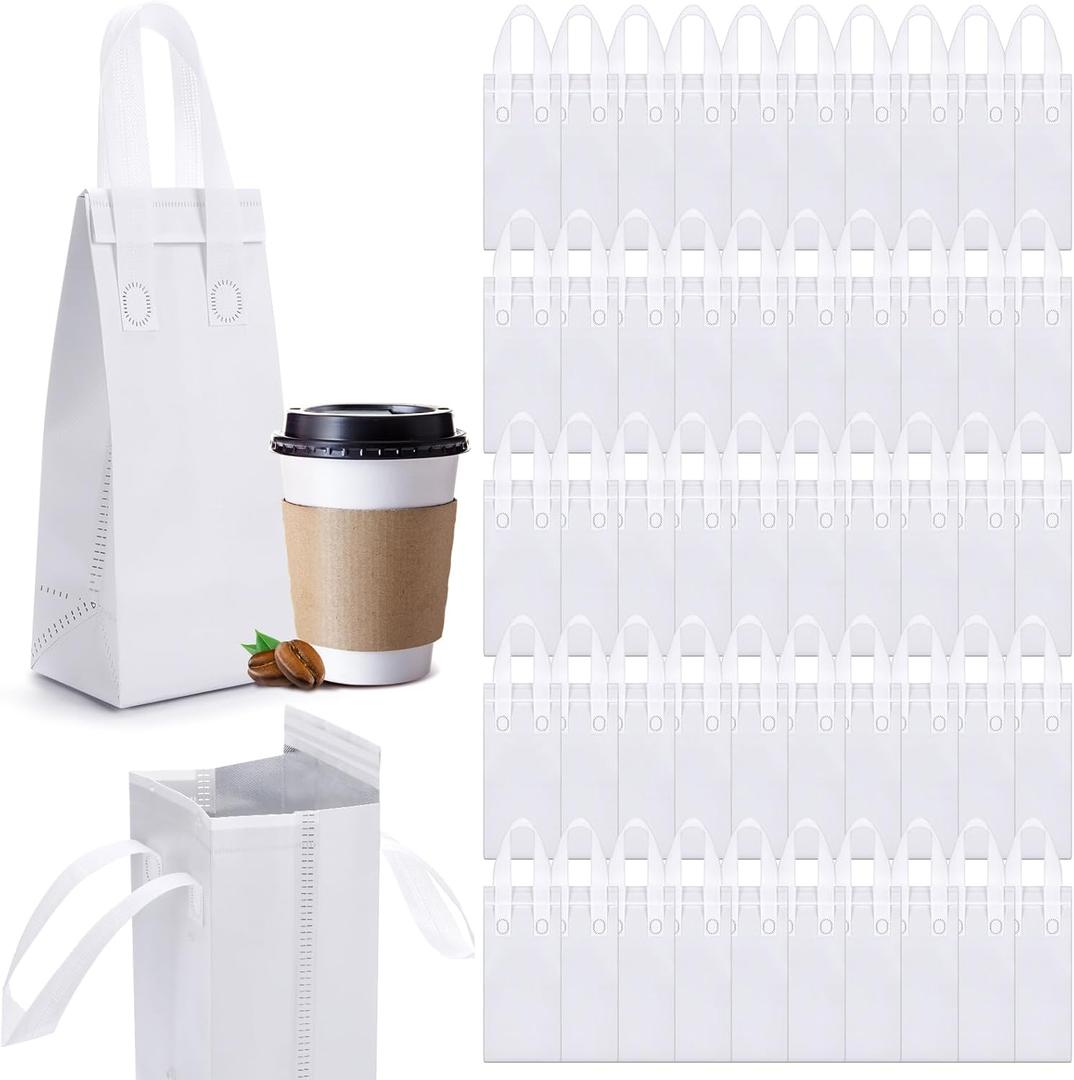 50 Pcs White Insulated Single Cup Drink Carrier Bags Bulk Thermal Insulation Take Away Bags Portable Takeout Coffee Carrier Reusable Carriers with Handle for Hot Cold Beverage