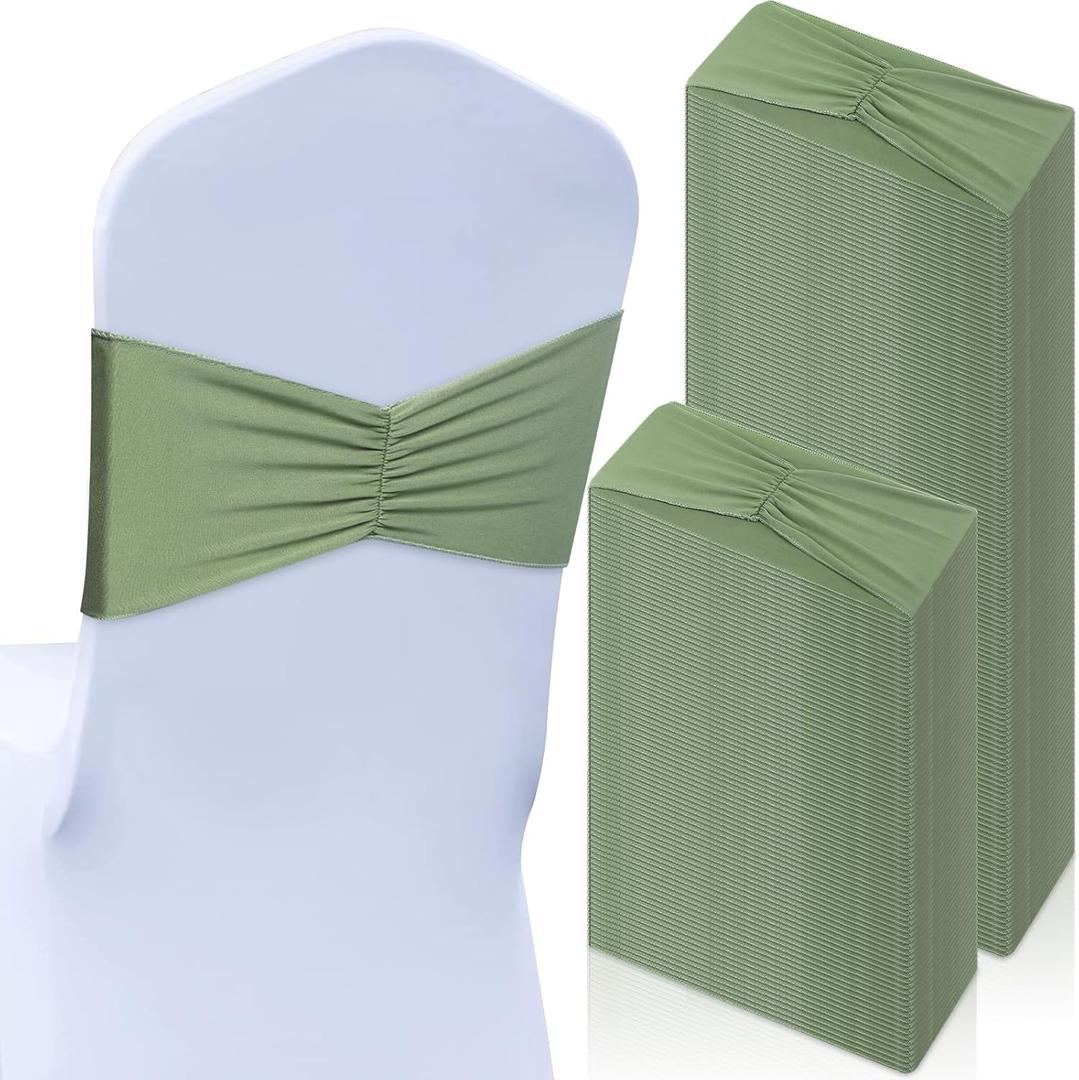 Moukeren 100 Pcs Spandex Chair Sashes Bows Bands Slider Sashes for Chair Covers Elastic Bands Ties Ribbon Decorations for Wedding Party Events Ceremony Birthday Banquet(Sage Green)