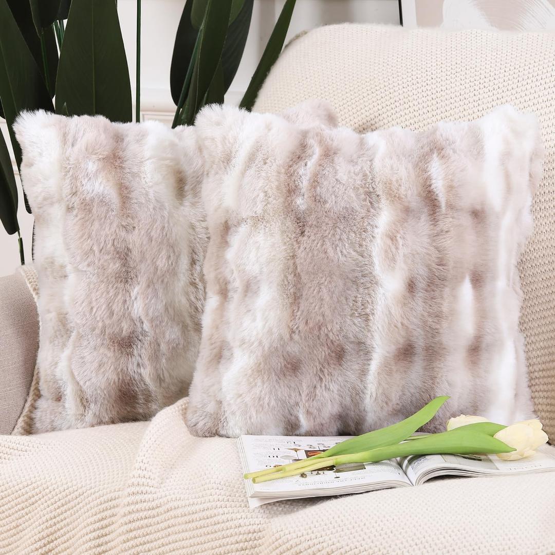 MADIZZ Pack of 2 Thick Plush Wool Throw Pillow Covers 20x20 Inch White Taupe Soft Neutral Decorative Throw Pillows Accent Boho Cushion Covers for Couch Sofa Bedroom Pillow Shell