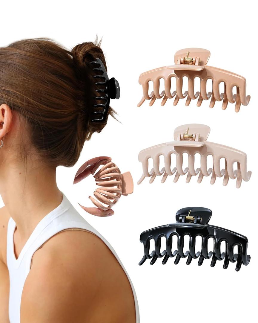 3Pcs Silicone Hair Clips Flexible Claw Clips for Women Cloud Clip Bendable Large Hair Claw Clip (Dark Khaki + Light Khaki + Black)