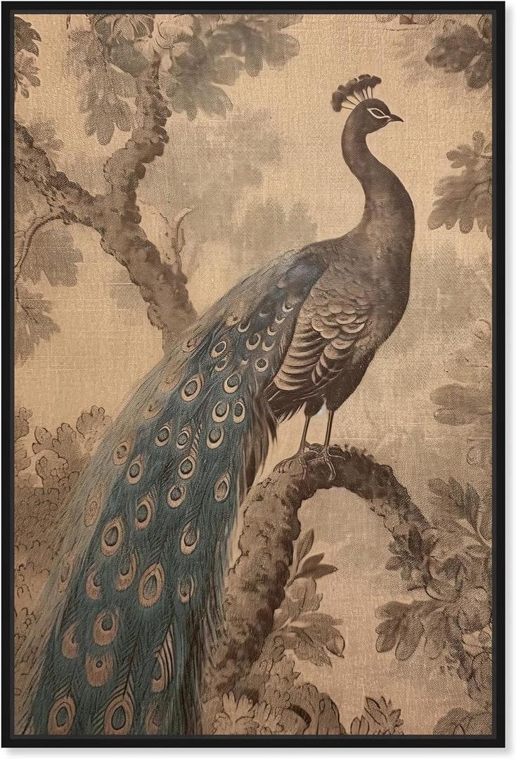 Art Remedy French Decor Peacock Canvas Retro Japanese Art Prints, Black Frame, 10" x 15"