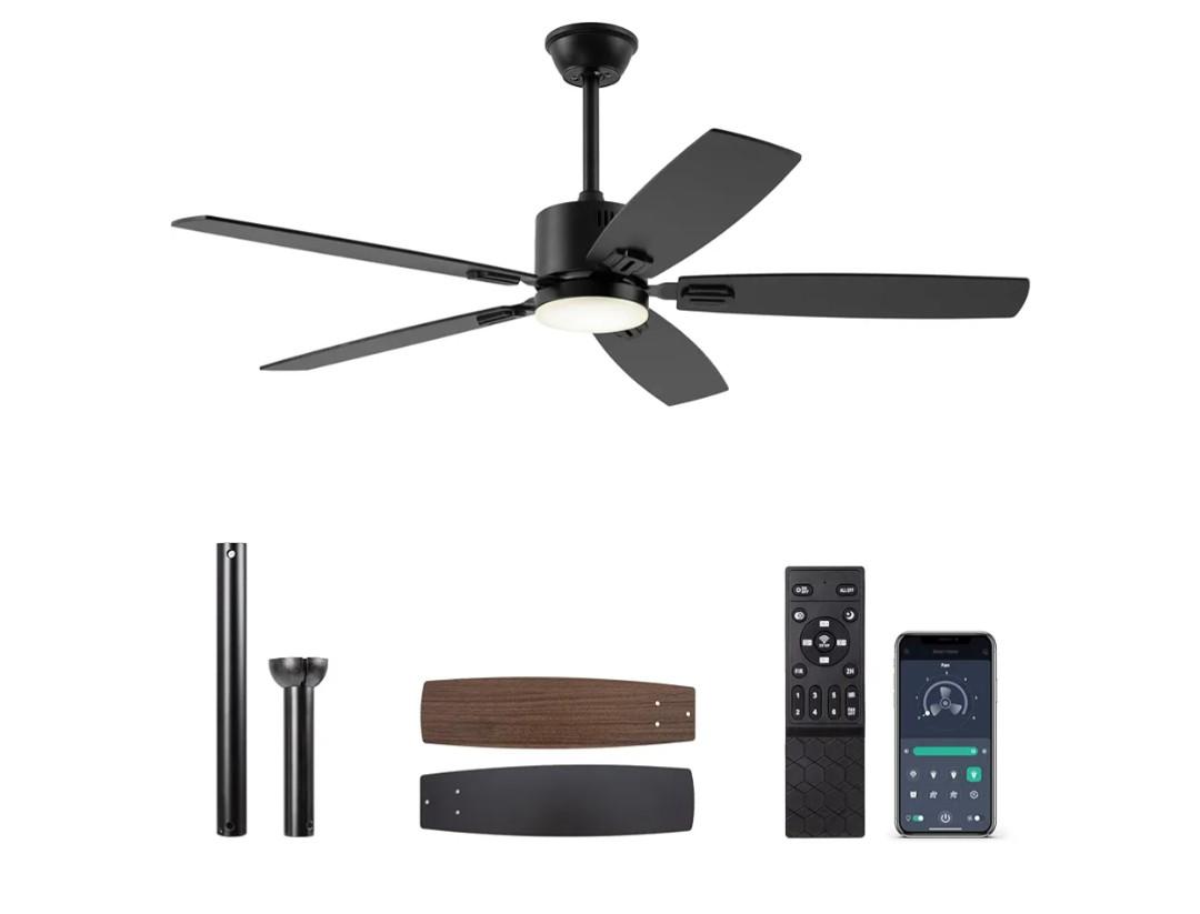 SUNMORY 52" Ceiling Fans with Lights, Smart Ceiling Fan with APP and Remote Control, Reversible DC Motor, Noiseless, Stepless Dimmable, Modern Ceiling Fan for Indoor/Outdoor Use, Black