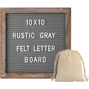 G GAMIT Rustic Felt Letter Board with 340 Changeable Letters&Numbers, 10x10 Message Board Letter Sign Board in Rustic Frame with Stand and Canvas bag for Announcement&Notification (Rustic Gray)