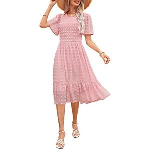 Annebouti Women's 2025 Summer Spring Wedding Guest Dresses Short Sleeve Casual Flowy Swiss Dot Smocked Midi Dress, S