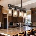 Farmhouse Dining Room Light Fixture, 4-Light Wood Kitchen Island Lighting for Dining Room Over Table, Black Adjustable Pendant Light with Seeded Glass Shades, Linear Chandeliers Lighting for Kitchen
