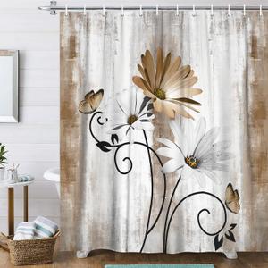 Rustic Farmhouse Shower Curtain, Farm Tan Cream Daisy Floral Flowers and Butterfly on Country Wooden Shower Curtain for Bathroom, Beige Brown Shower Curtain with 12PCS Hooks, 70X84IN
