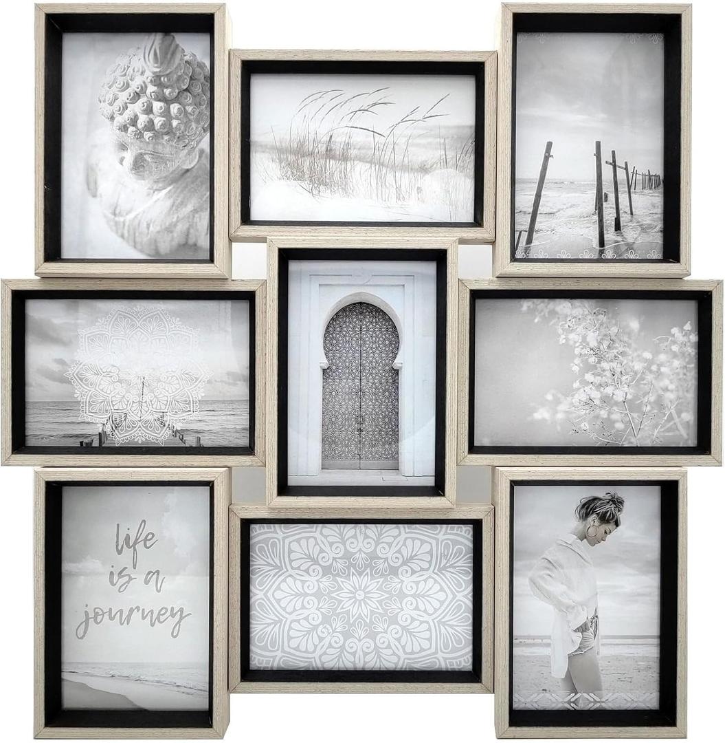 Picture Frames 4x6 inch (10.2x15.2cm) 9 Opening Wooden Picture Frames Collage Wall Decor White and Natural (natural+black)