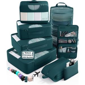 Veken 8 Set Packing Cubes for Travel Essentials,Anti-Wrinkle Buckled Suitcase Organizer for Shoe & Toiletry Bag,Carry On Luggage Bag with 99+ Count Mesh Holes for Airplane & College Dorm Accessories