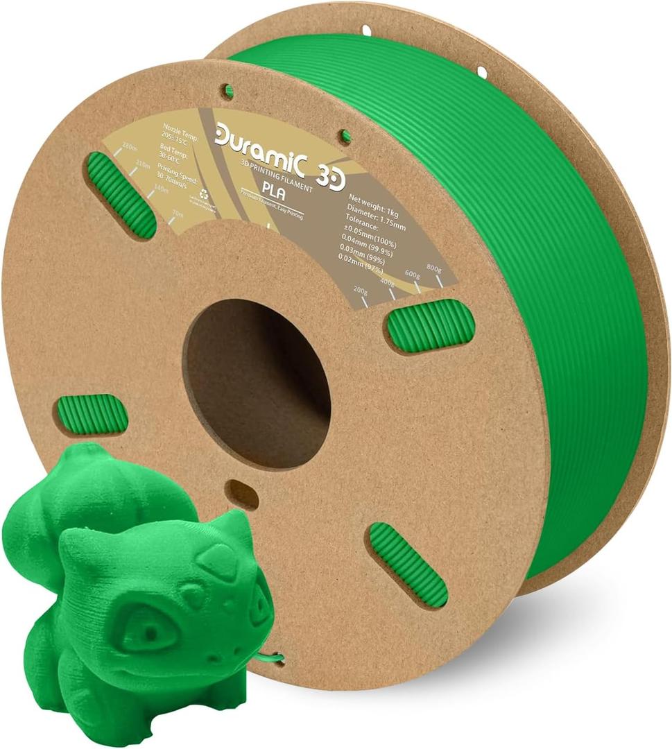 DURAMIC 3D PLA Filament 1.75mm Green 1kg Spool, Jam-Free High Stifness 3D Printing Filament with Cardboard Spool, No-Tangling No-Clogging Dimensional Accuracy 99% +/- 0.03 mm