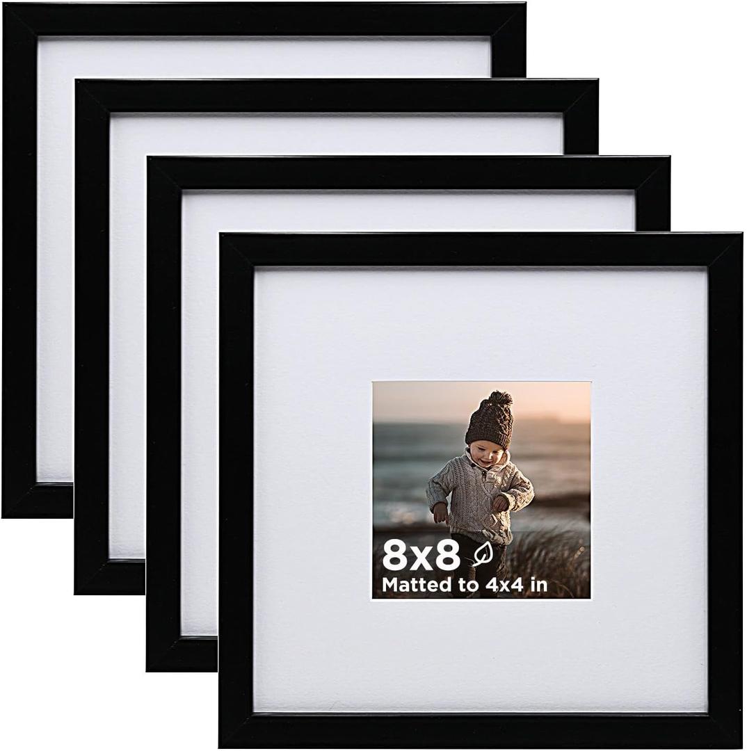 KINLINK 8x8 Picture Frame Black Set of 4, Wooden Square Photo Frames Matted 4x4 with Plexiglass for 4x4 with Mat or 8x8 without Mat for Table and Wall Display