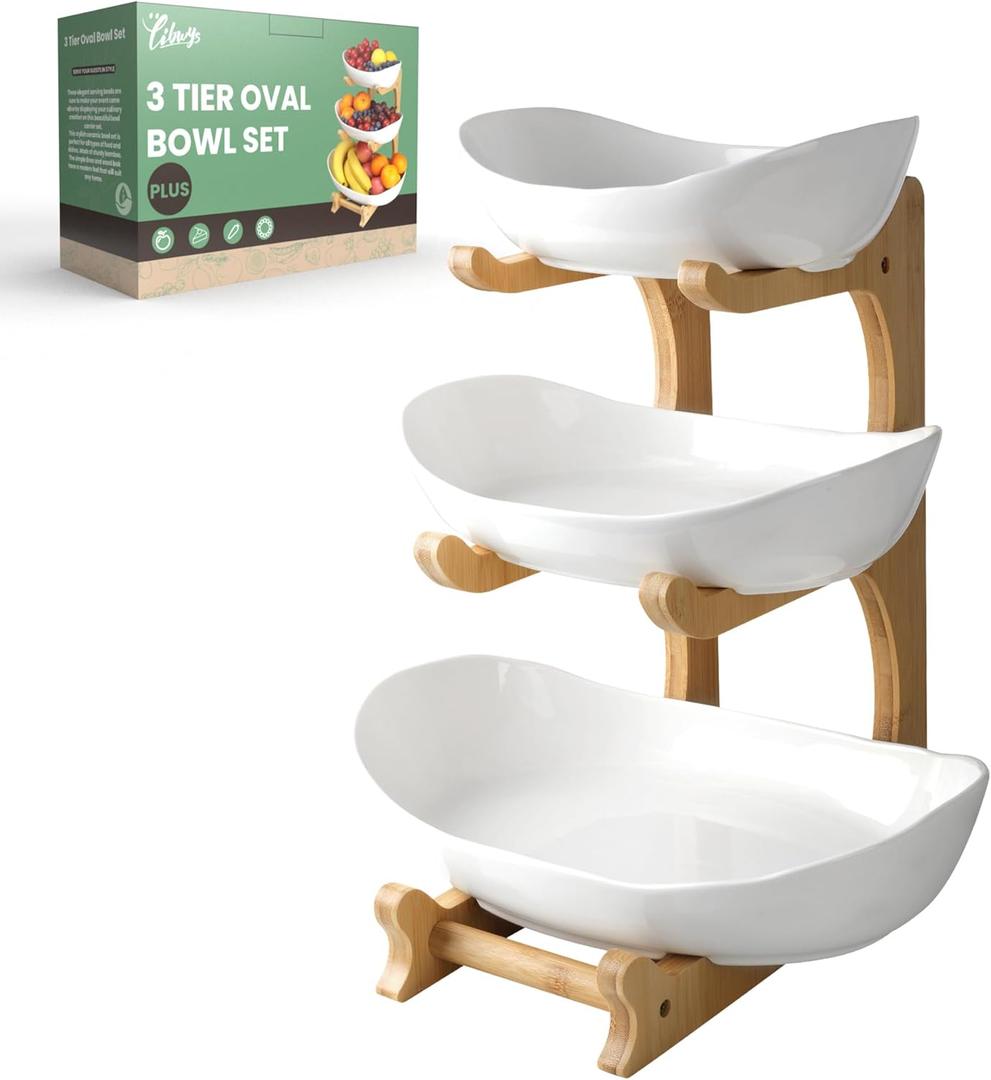 Seven Sparta 3 Tier Fruit Bowl for Kitchen Counter (PLUS Series) / Ceramic Serving Bowls with Bamboo Stand/Big Size Tiered Fruit Basket for Fruit Vegetable Storage, Dessert, Salad Buffet Server