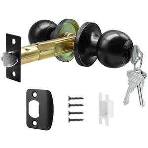 TPard 5" Backset Latch Keyed Entry Door Knob with Lock and Key, Standard Square Interface Entrance Ball Doors Knobset Lockset, Matte Black