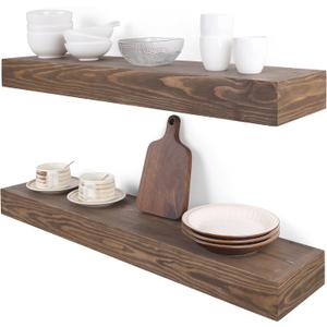 Floating Shelves 3 inch Thick for Wall Set of 2,Solid Pine Wood Wall Mount Shelf for Kitchen Living Room Bedroom Bathroom,8" D x 36" L x 3" H-Black Walnut