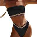 YIMISAN Women's Two Piece Bandeau Swimsuit Ribbed Strapless Tube Bikini Top with Mid Waist Cheeky Bottom Bathing Suit, Size S